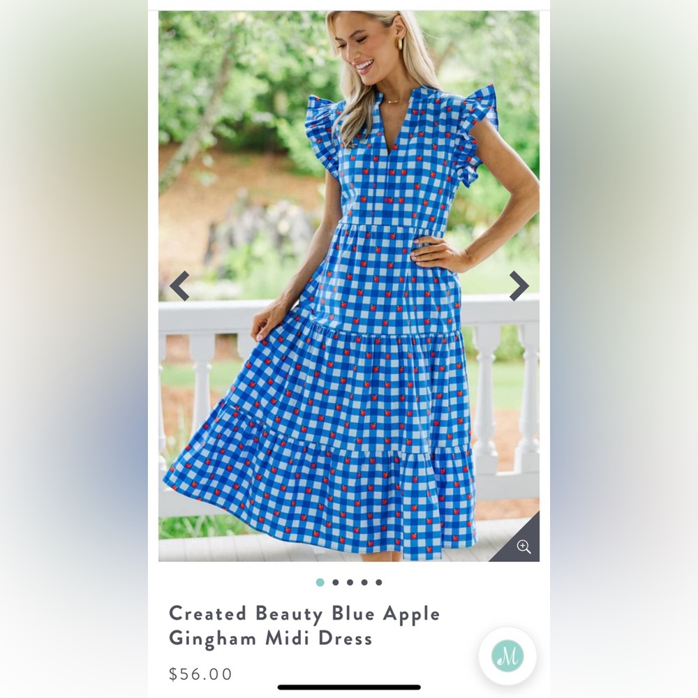 Blue Checkered Midi Dress with Red Apple Accents
